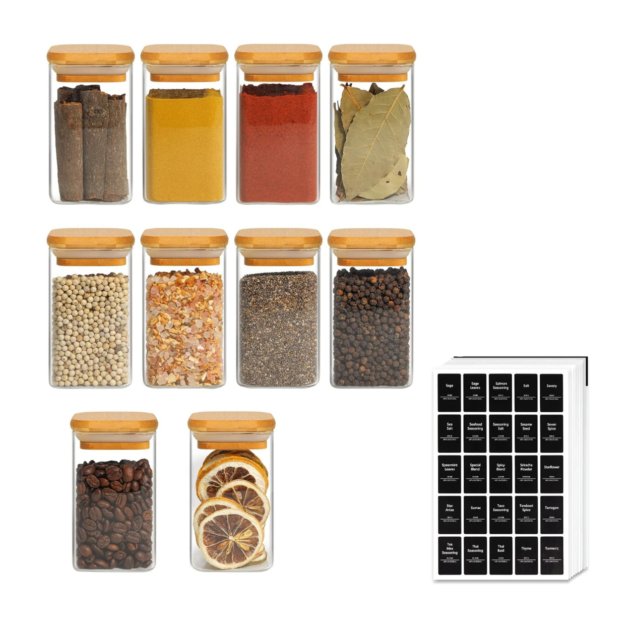 Borosilicate Square Glass Storage Jars with Bamboo Lid and Chalkboard Labels 200 ML (Pack of 10)