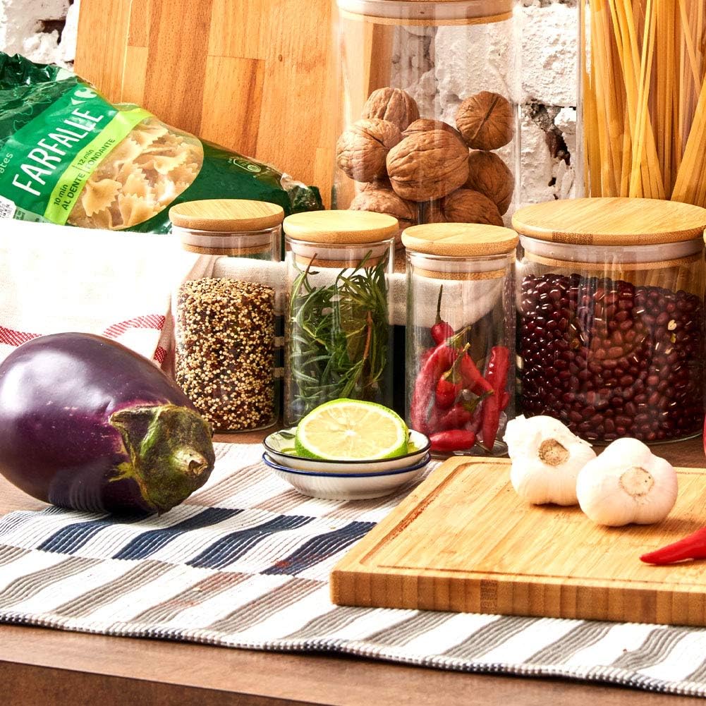 Borosilicate Round Glass Spice Jar With Airtight Bamboo Lids and Chalkboard Labels 290 ML (Pack of 10)