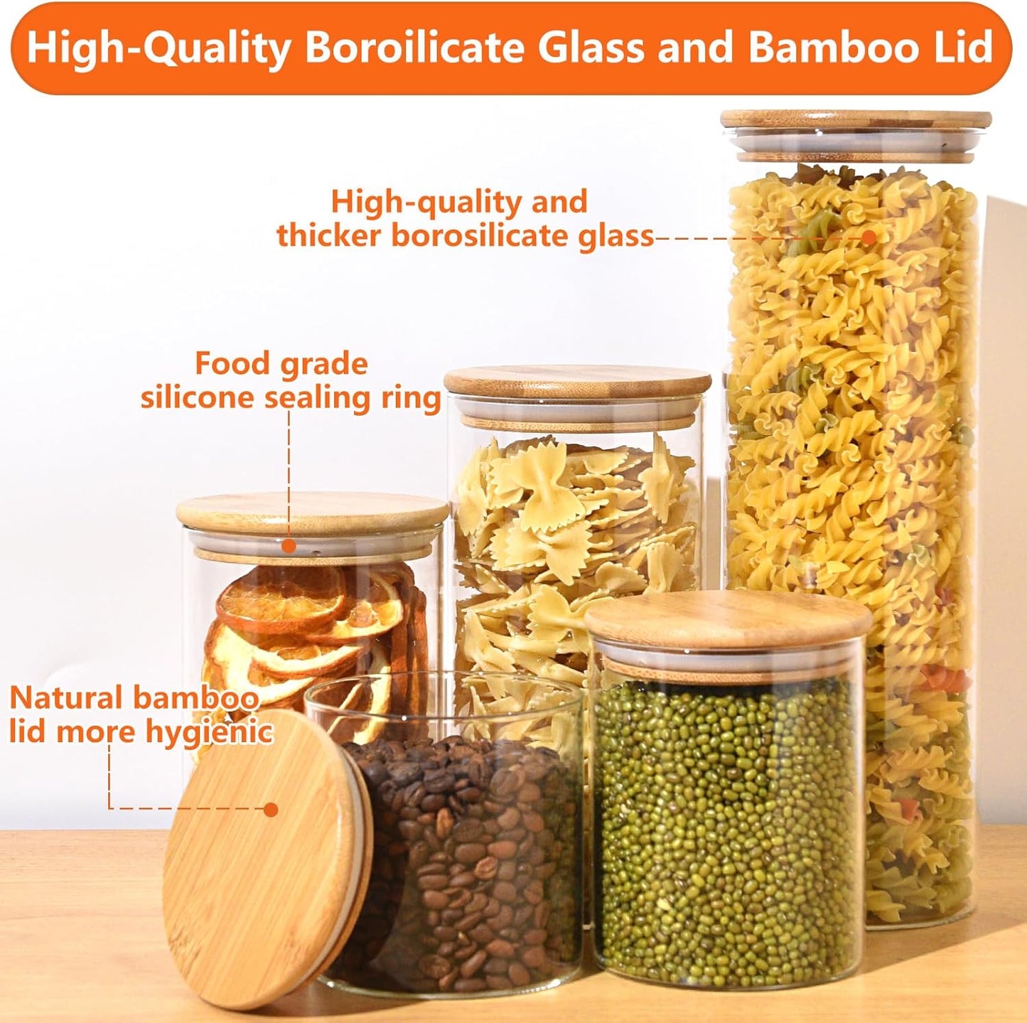 Borosilicate Round Glass Spice Jar With Airtight Bamboo Lids and Chalkboard Labels 290 ML (Pack of 10)
