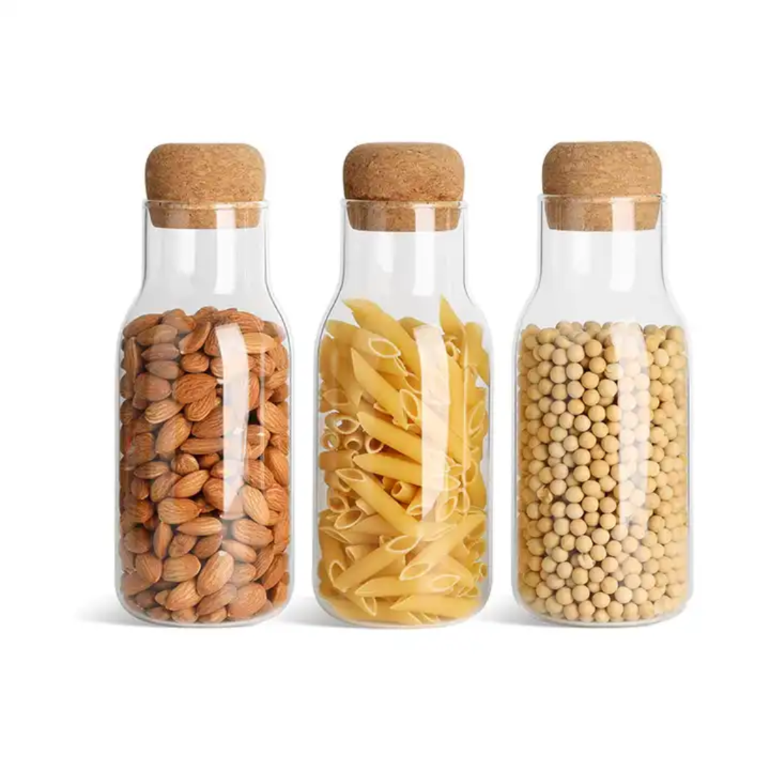 Borosilicate Storage Jar with Cork Lid-Cork Stopper Storage Glass bottle 750 ML (Pack of 3)