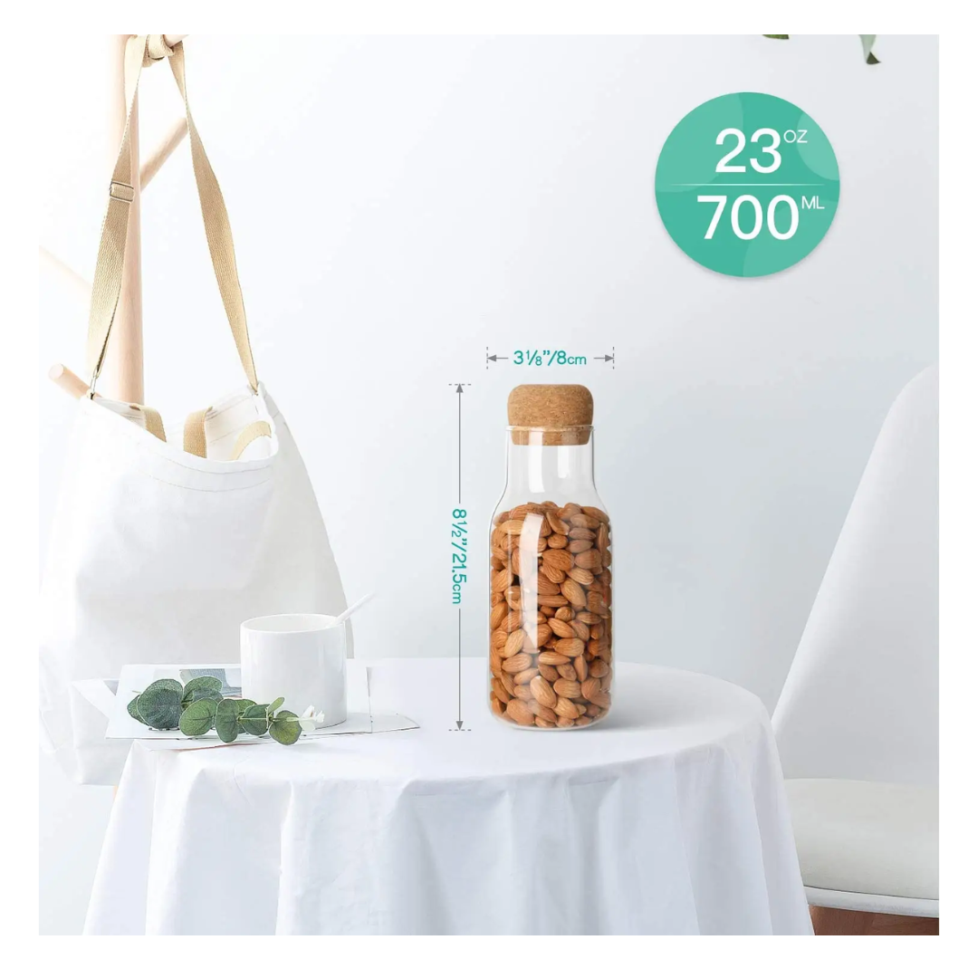 Borosilicate Storage Jar with Cork Lid-Cork Stopper Storage Glass bottle 750 ML (Pack of 3)