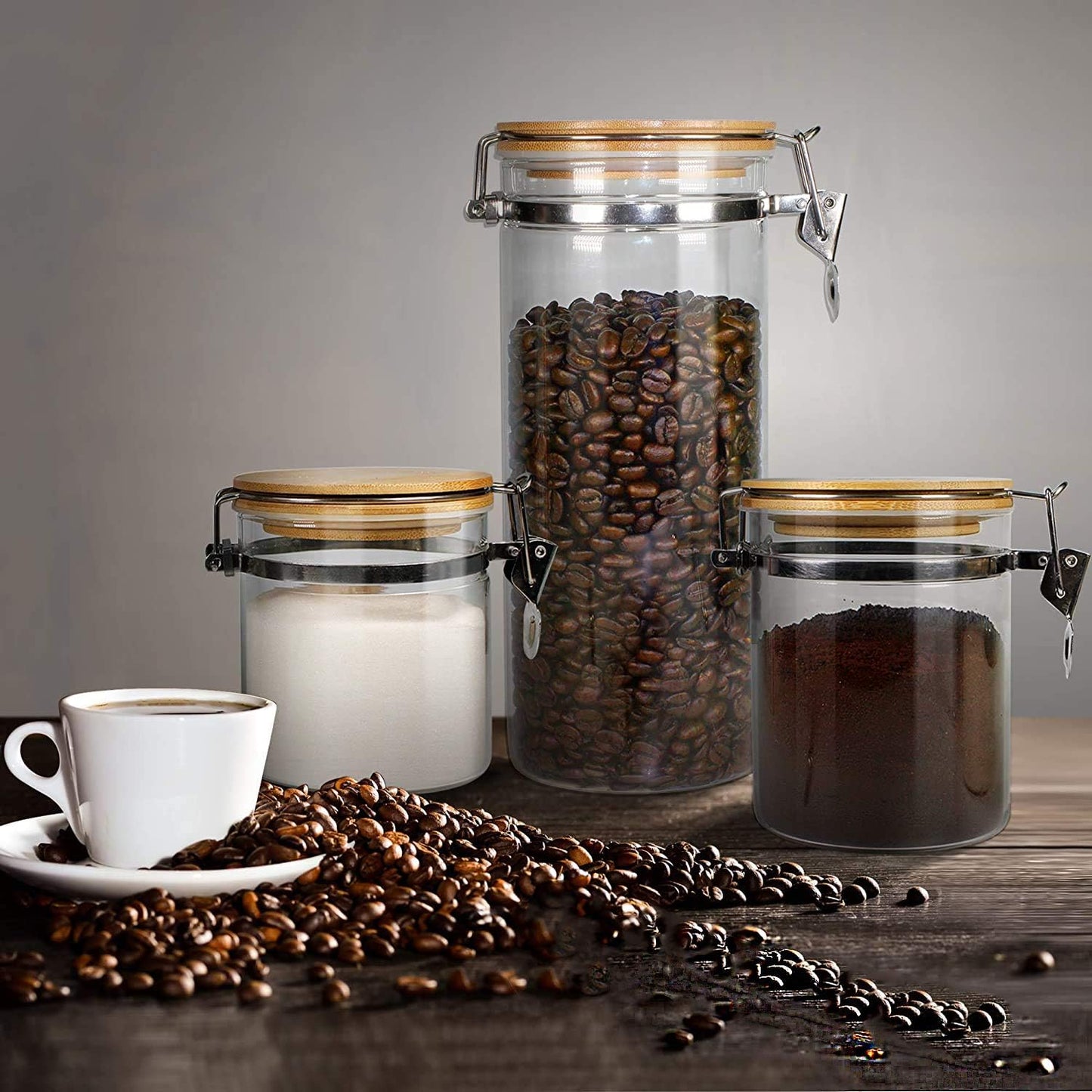 Borosilicate Glass Storage Jar With Clip and Airtight Bamboo Lid (Set of 2)