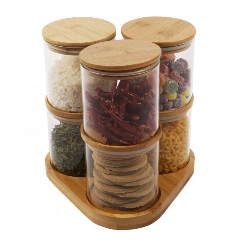 Borosilicate Glass Food Storage Jars with Bamboo Lids and Wooden Base (Set of 6 of 16oz)