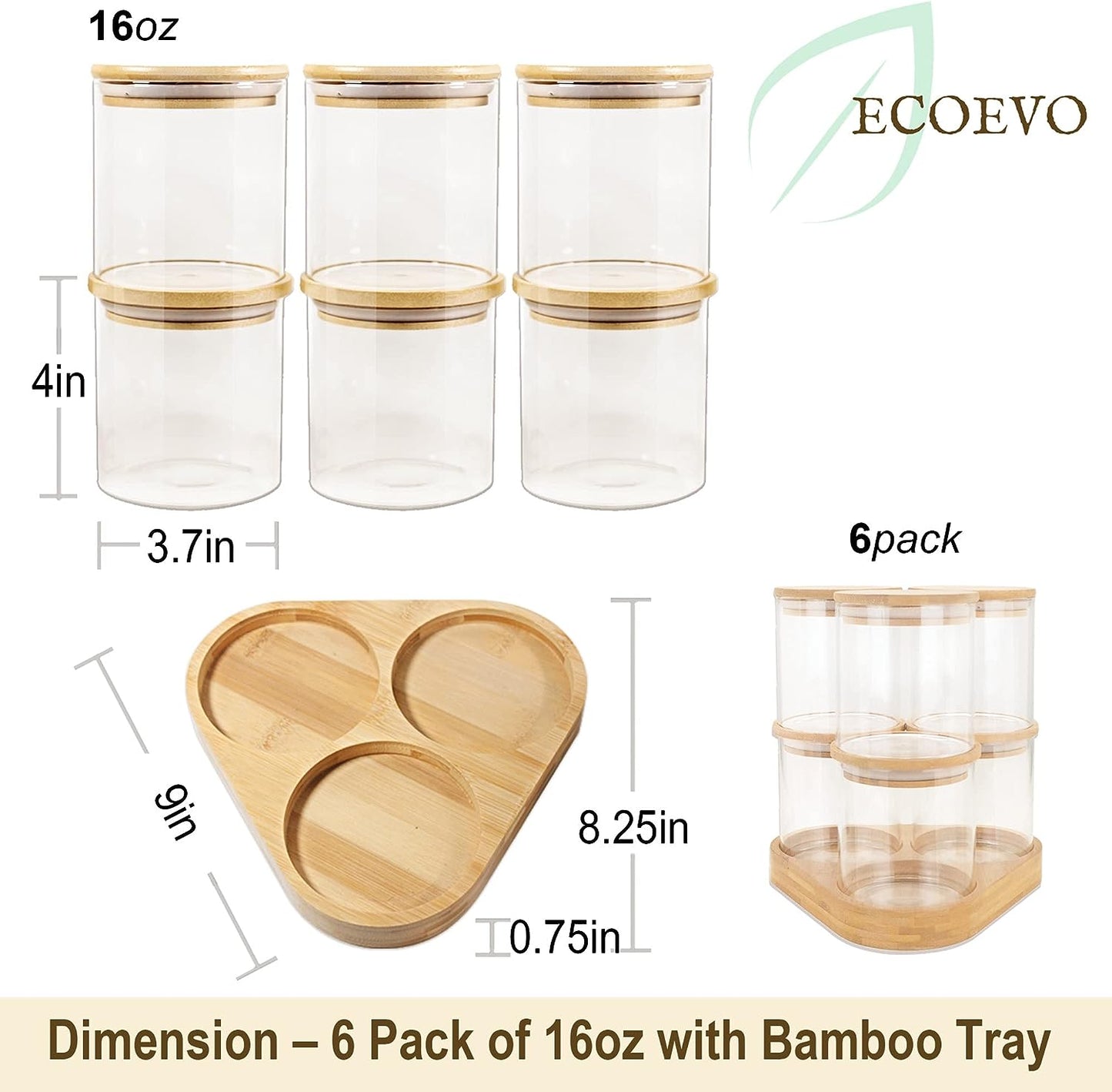 Borosilicate Glass Food Storage Jars with Bamboo Lids and Wooden Base (Set of 6 of 16oz)