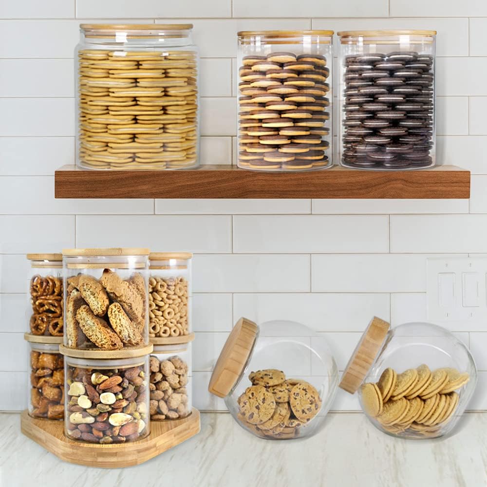 Borosilicate Glass Food Storage Jars with Bamboo Lids and Wooden Base (Set of 6 of 16oz)