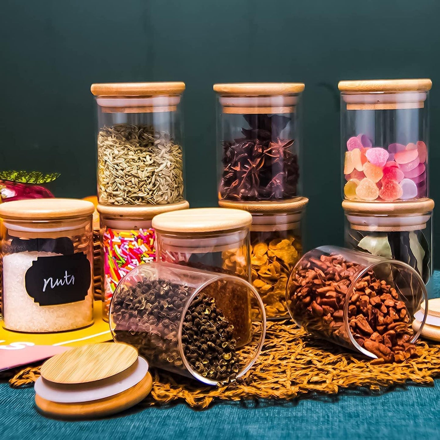 Borosilicate Round Glass Spice Jar With Bamboo Lids and Chalk Board Labels 180 ML( Pack of 10)