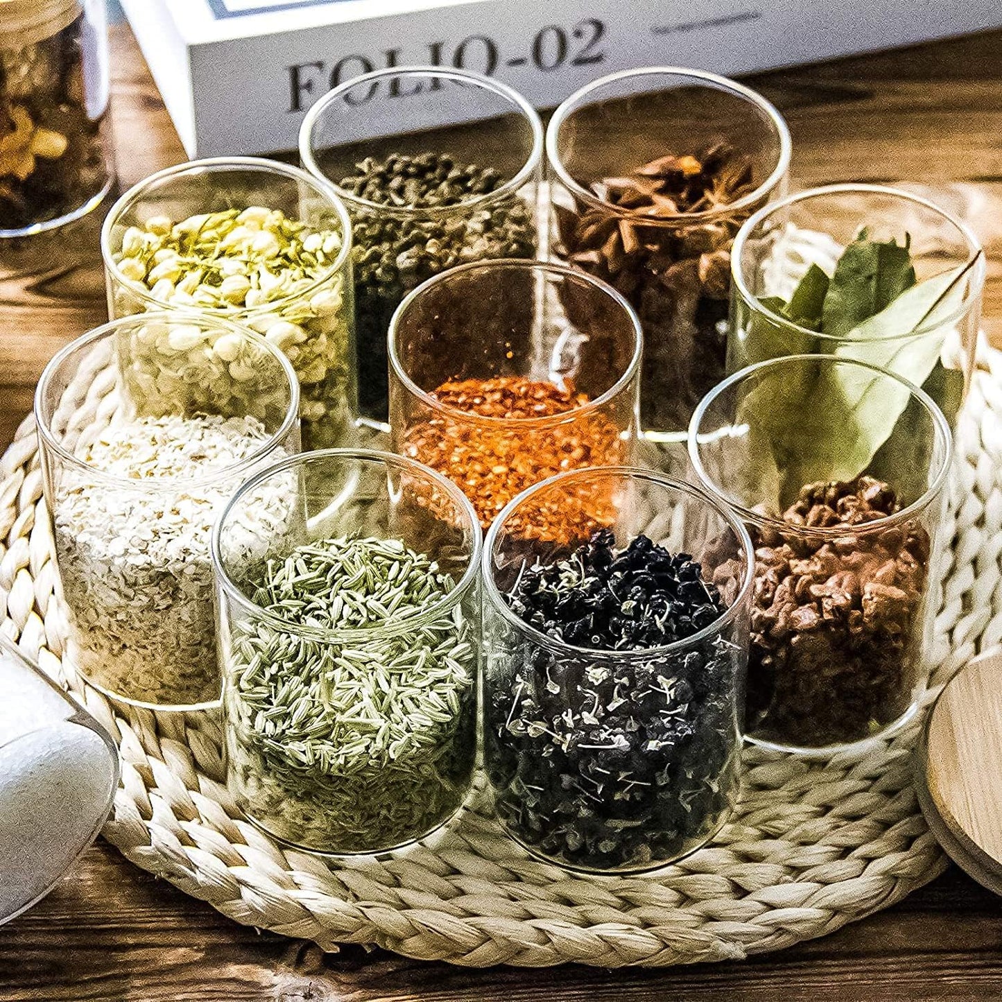 Borosilicate Round Glass Spice Jar With Bamboo Lids and Chalk Board Labels 180 ML( Pack of 10)