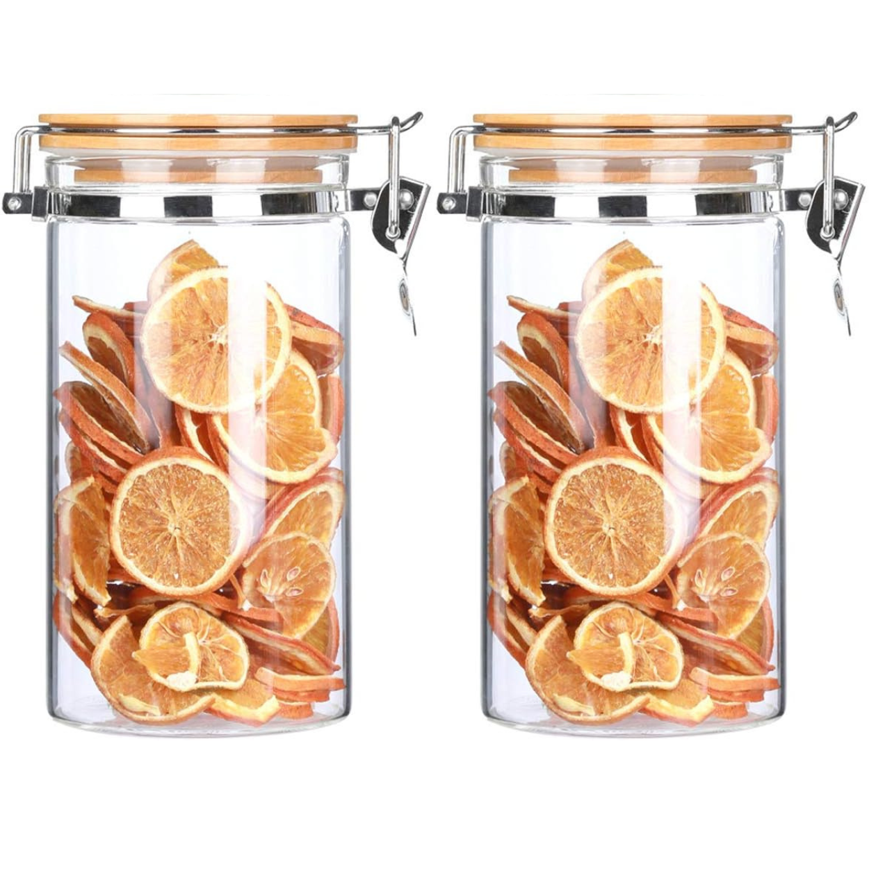 Borosilicate Glass Storage Jar With Clip and Airtight Bamboo Lid (Set of 2)
