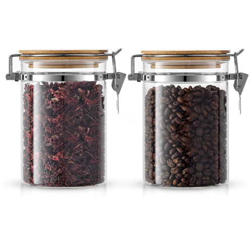 Borosilicate Glass Storage Jar With Clip and Airtight Bamboo Lid (Set of 2)