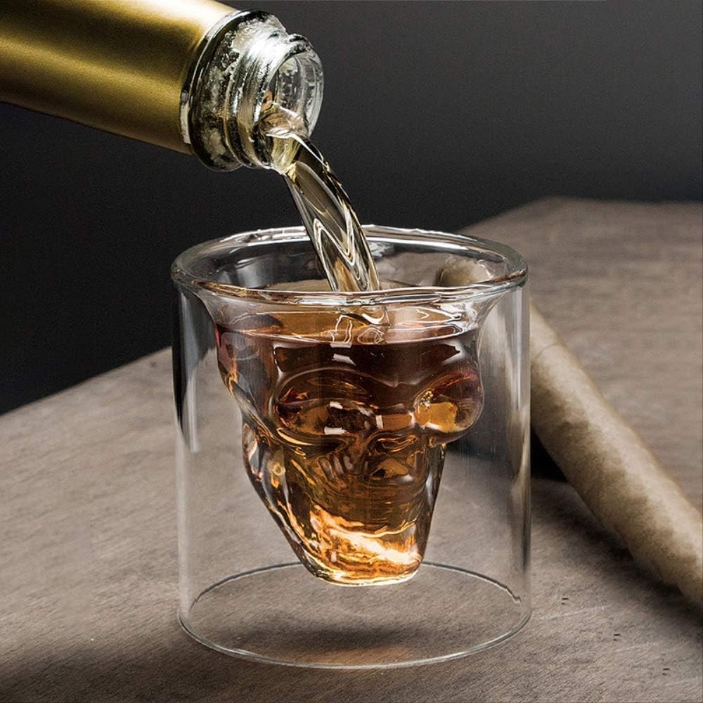 Skull Wine Glass, Double Layers Transparent Crystal Head Glass Tea Cup 4 PCS Set