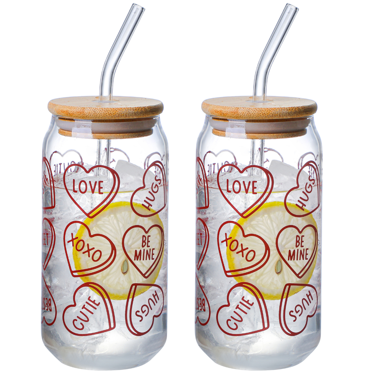 Valentine's Day Themed Drinking Glasses with Bamboo Lids – 550ml Set of 2 | Perfect Gift for Couples | Valentine's Gift Glass