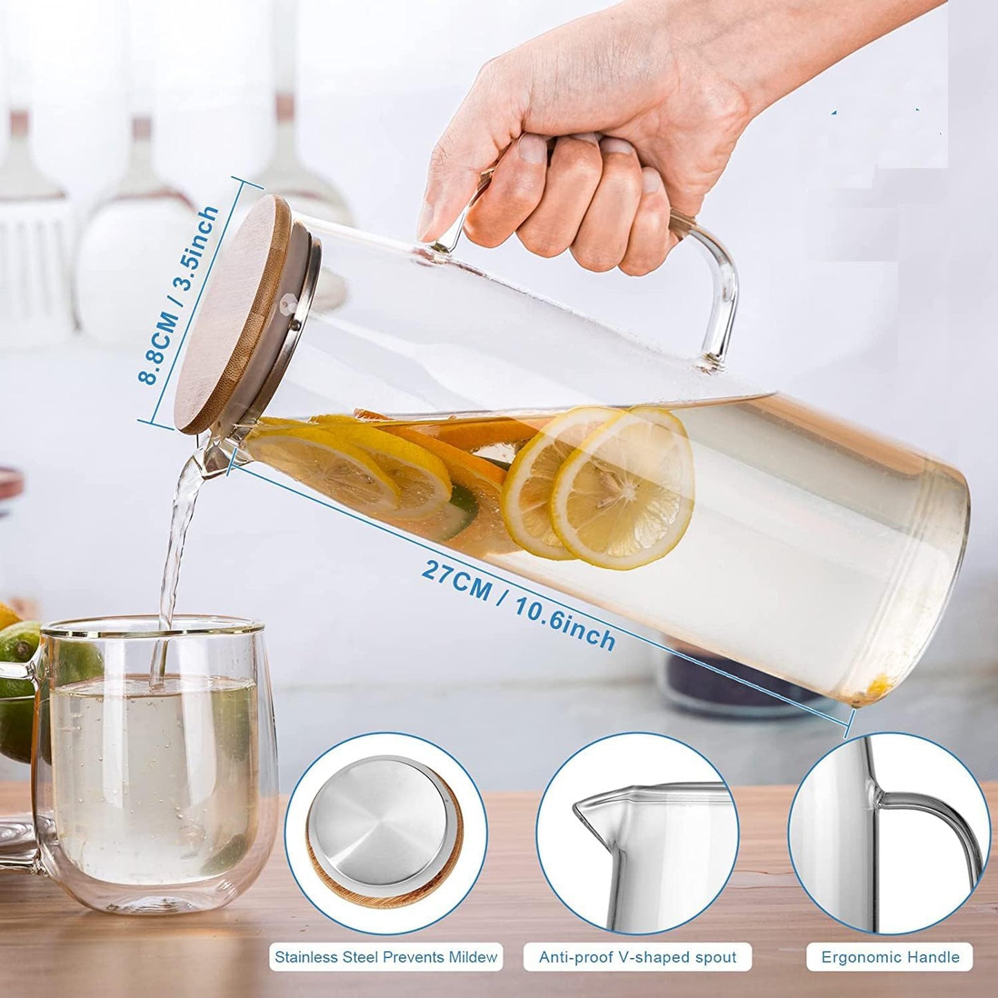Borosilicate Water Jug With Handle and Bamboo Lid