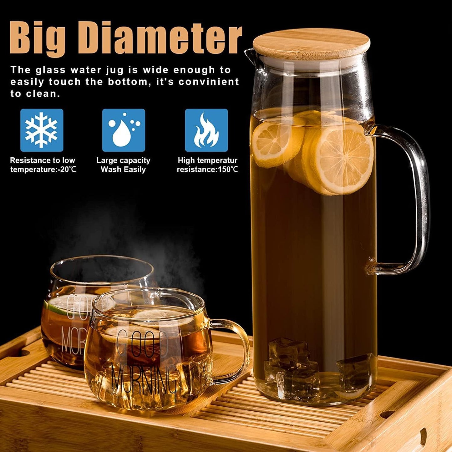 Borosilicate Water Jug With Handle and Bamboo Lid