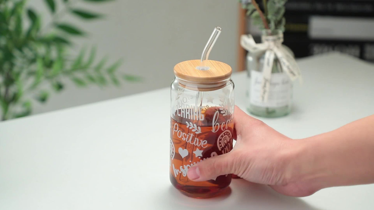 1CHASE Borosilicate Habibi Come to Dubai Themed Drinking Glasses With Bamboo Lid and Glass Straw, 550ML (Set of 2), Mason Jar, Can Shaped Tumblers (Habibi Come to Dubai)