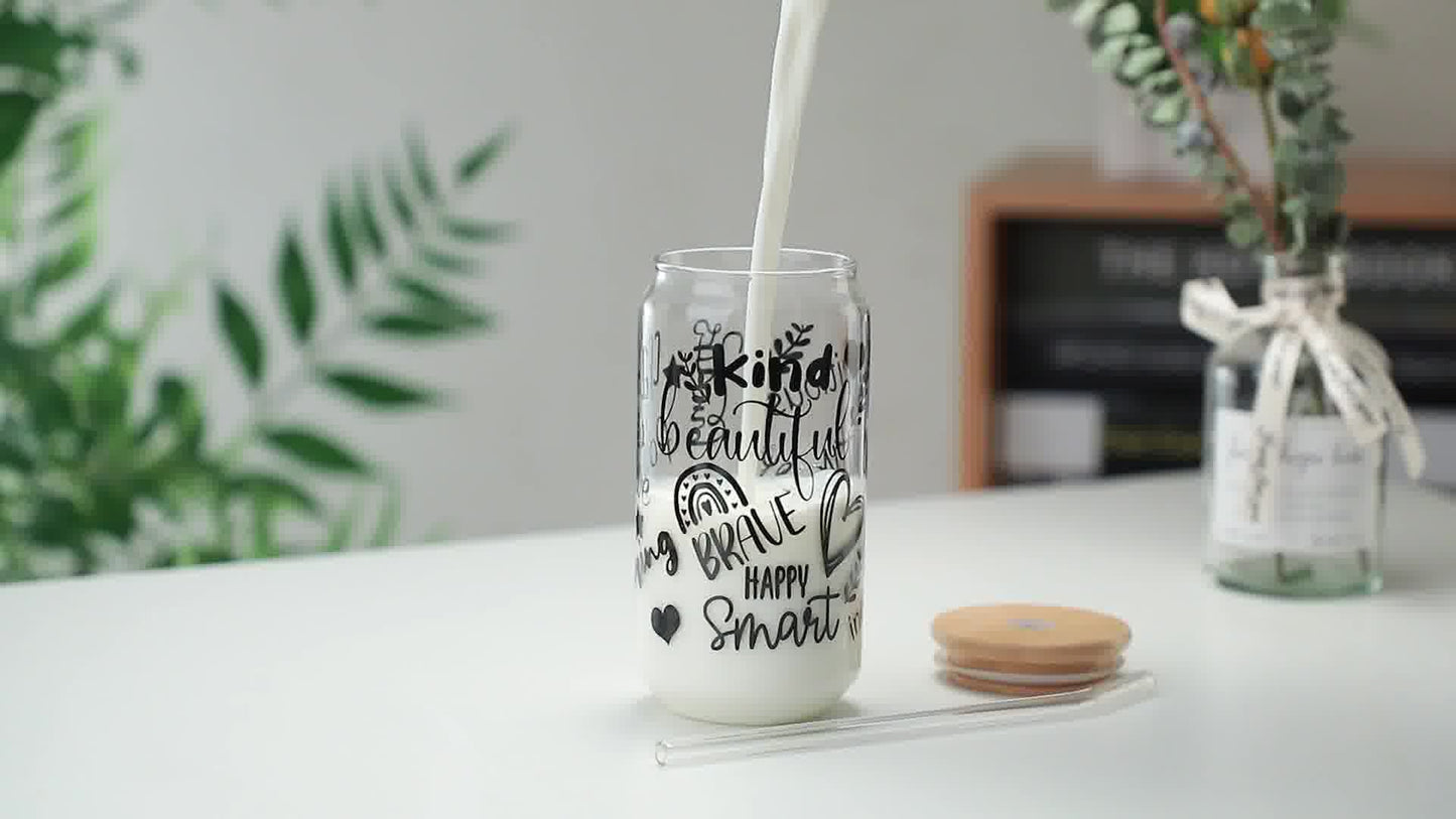 1CHASE Borosilicate Positive Quotes Themed Drinking Glasses With Bamboo Lid and Glass Straw, 550ML (Set of 2), Mason Jar, Can Shaped Tumblers (Positive Quotes)