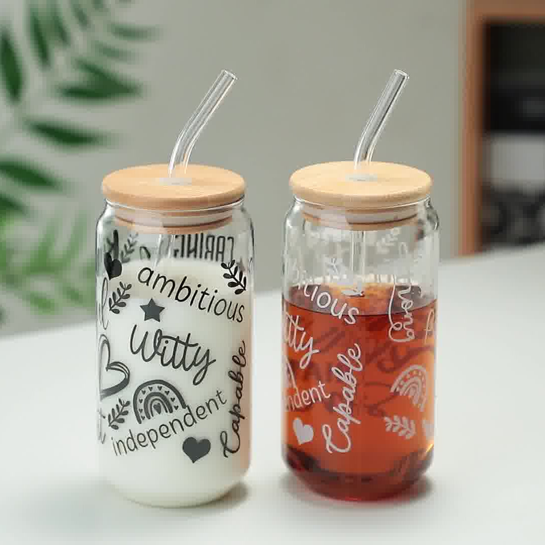 1CHASE Borosilicate Positive Quotes Themed Drinking Glasses With Bamboo Lid and Glass Straw, 550ML (Set of 2), Mason Jar, Can Shaped Tumblers (Positive Quotes)