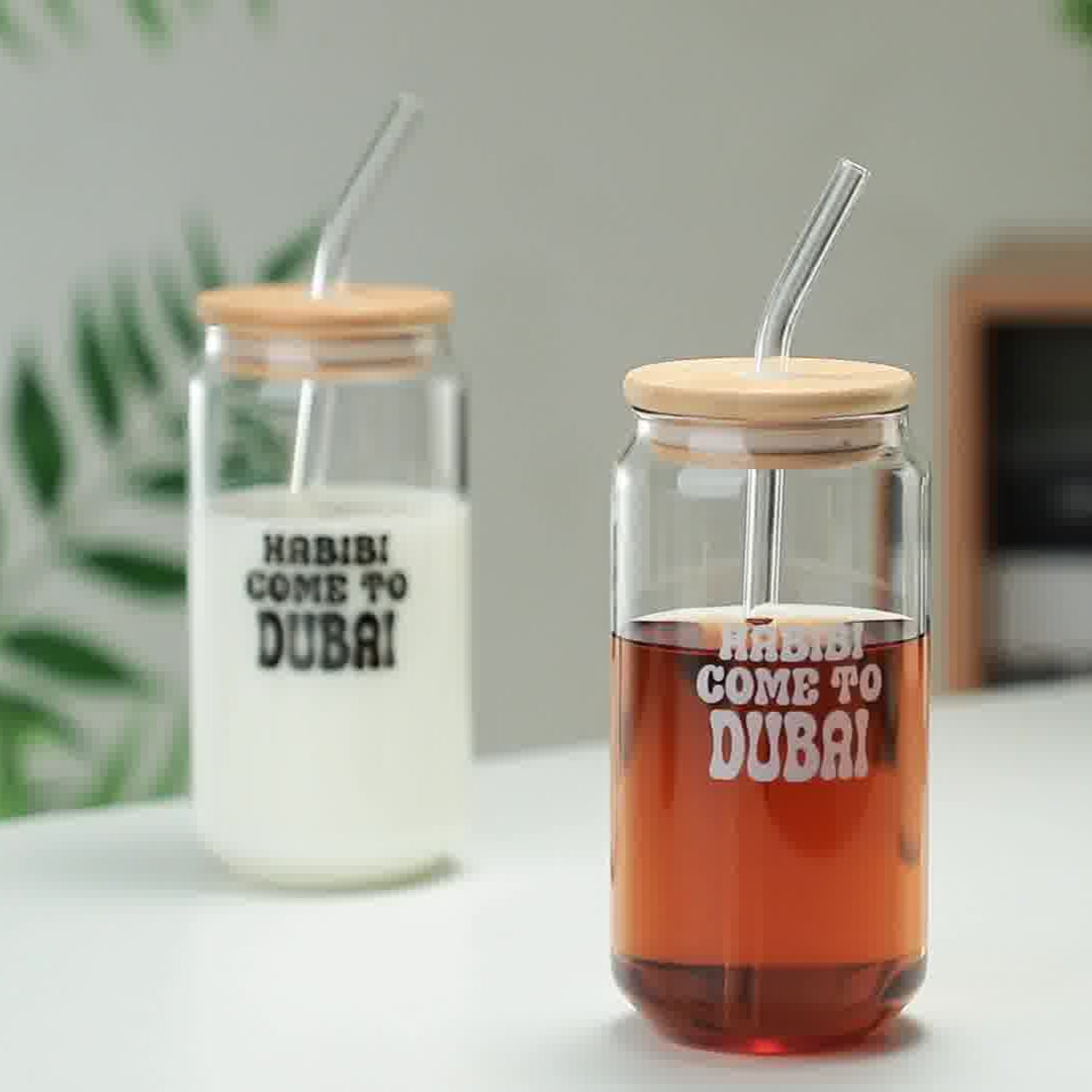 1CHASE Borosilicate Habibi Come to Dubai Themed Drinking Glasses With Bamboo Lid and Glass Straw, 550ML (Set of 2), Mason Jar, Can Shaped Tumblers (Habibi Come to Dubai)