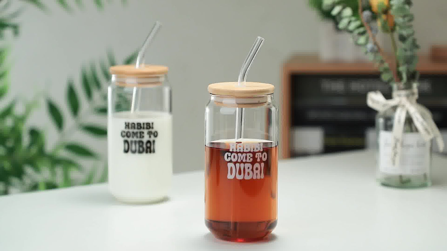 1CHASE Borosilicate Habibi Come to Dubai Themed Drinking Glasses With Bamboo Lid and Glass Straw, 550ML (Set of 2), Mason Jar, Can Shaped Tumblers (Habibi Come to Dubai)