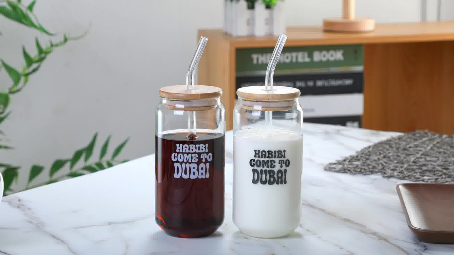 1CHASE Borosilicate Habibi Come to Dubai Themed Drinking Glasses With Bamboo Lid and Glass Straw, 550ML (Set of 2), Mason Jar, Can Shaped Tumblers (Habibi Come to Dubai)