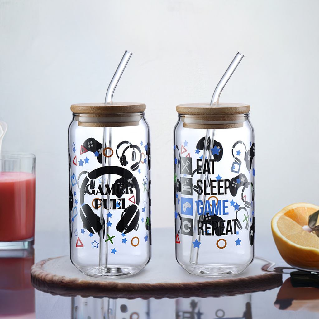 1CHASE Gaming gifts Drinking Glasses With Bamboo Lid and Glass Straw, 550ML (Set of 2), Mason Jar, Can Shaped Tumblers, Gamers gifts for men, boys,gifts for women(GAMER FUEL)