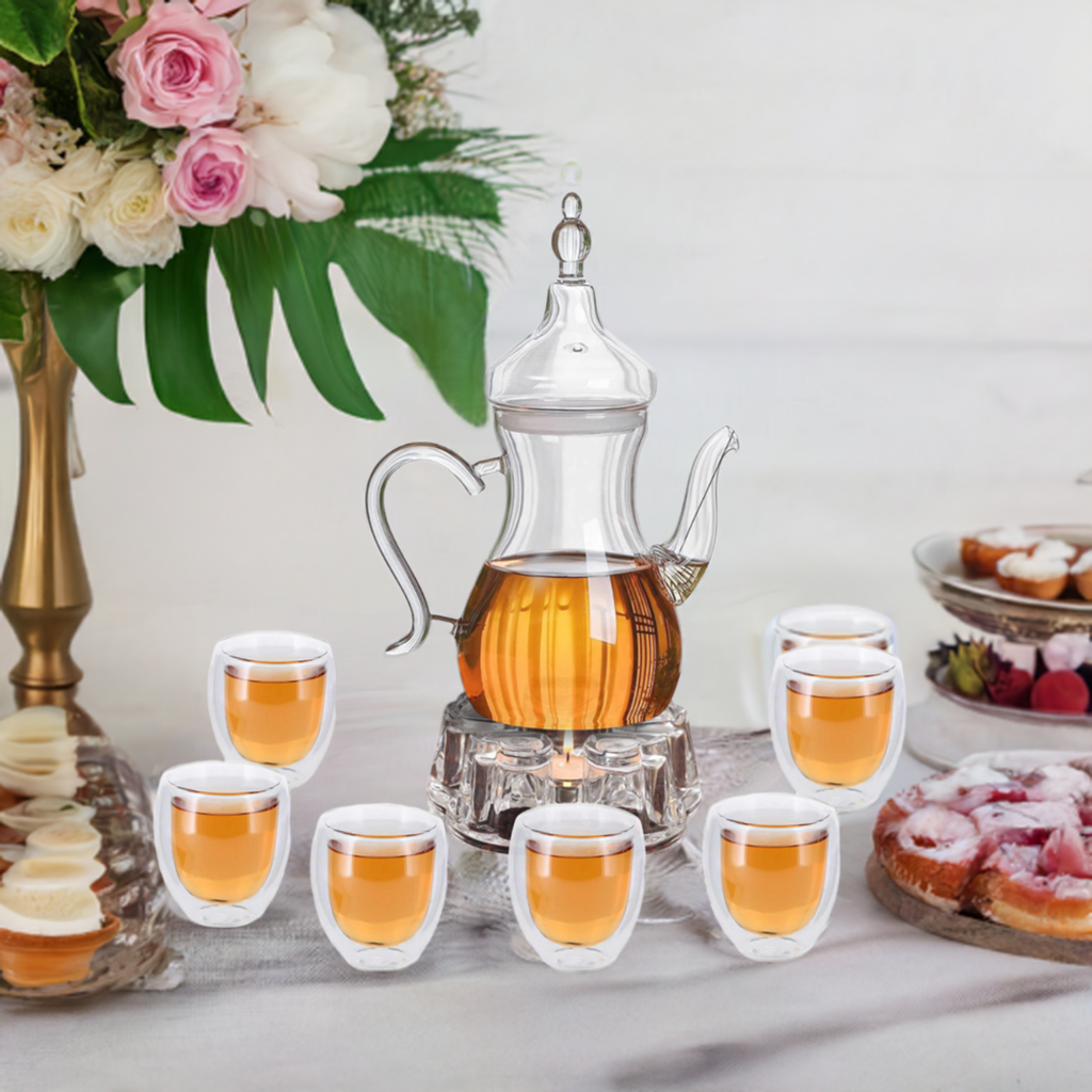 1Chase Arabic Tea Set β 1000ml Borosilicate Glass Teapot with Heart-Shaped Warmer & 6Pc 80ml Tea Cups β Heat-Resistant, Elegant Present for Ramadan & Special Occasions