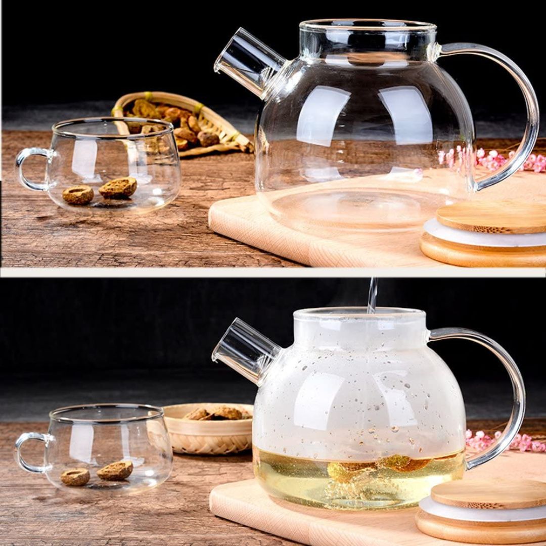 Glass Teapot 1000ML with Bamboo Lid and Removable Infuser, Perfect for Loose Leaf and Blooming Tea