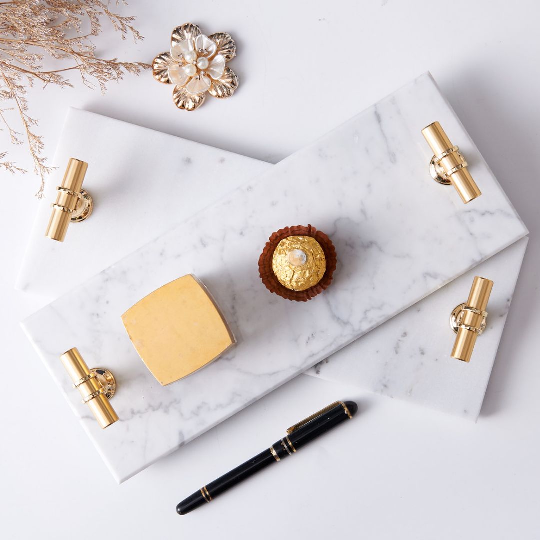 Rectangular Natural Marble Tray with Gold T Shaped Handles- White