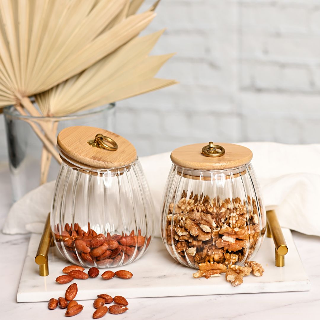 Borosilicate Glass Storage Jar With Airtight Bamboo Lid and Metal Handle , Oval,Taper, Oval & Conical Set Of 2