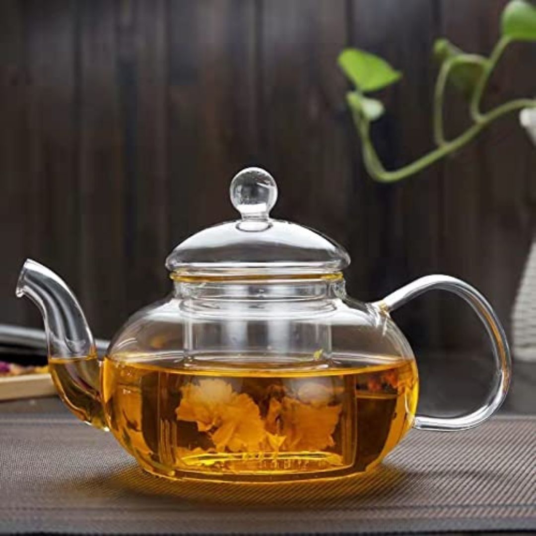 Heat Resistant Glass Teapot 1000ML With Teawarmer and 50 ML Double Wall Cups Set Of 6