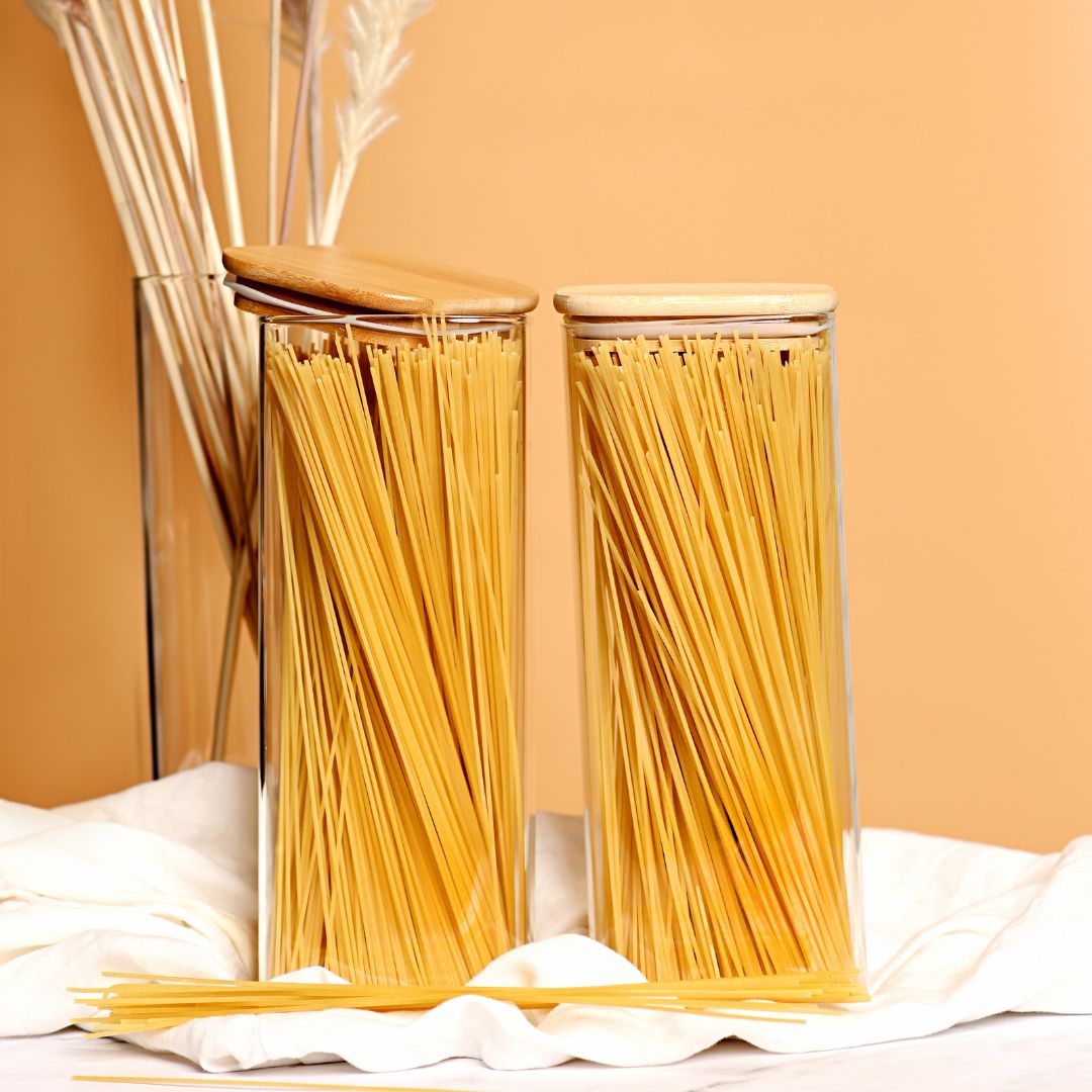 Square Glass Storage Jar with Air tight Bamboo Lid, Set of 2