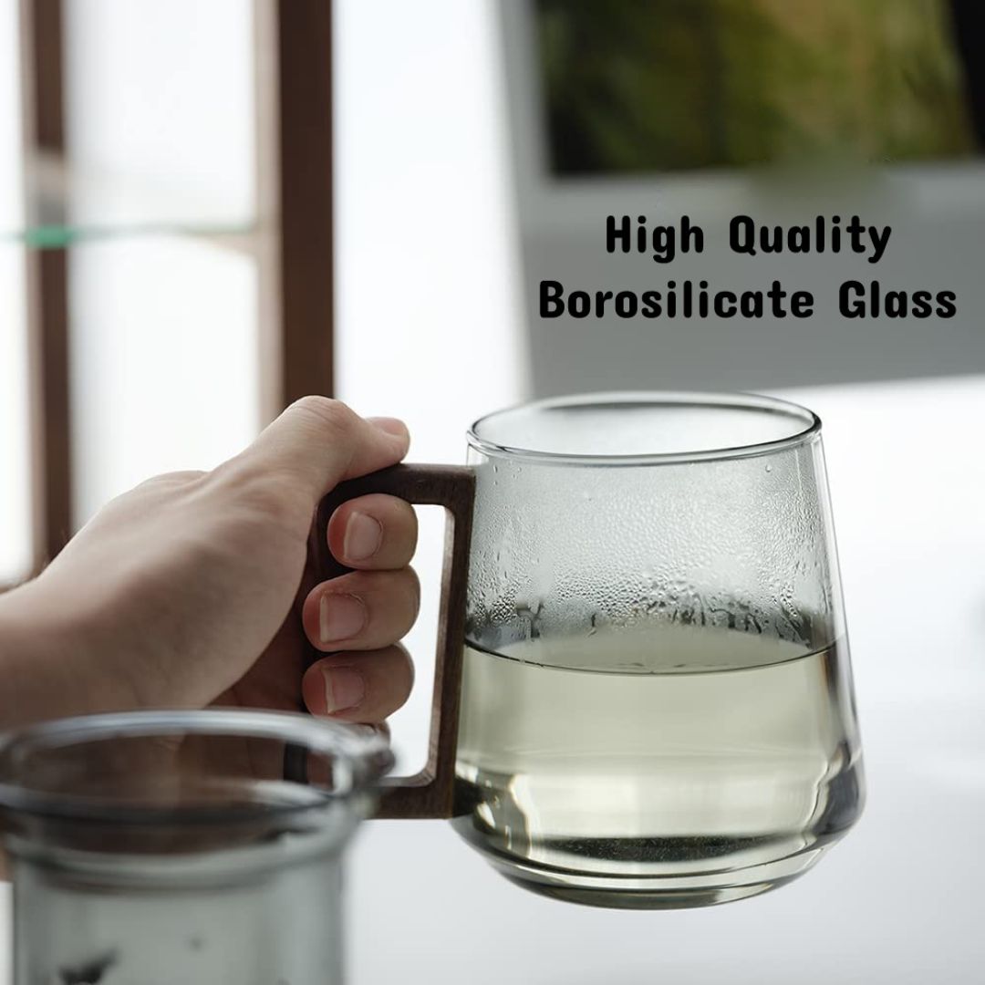 Smoky Grey Borosilicate Glass Mug With Infuser, Walnut Lid and Handle 500 ML