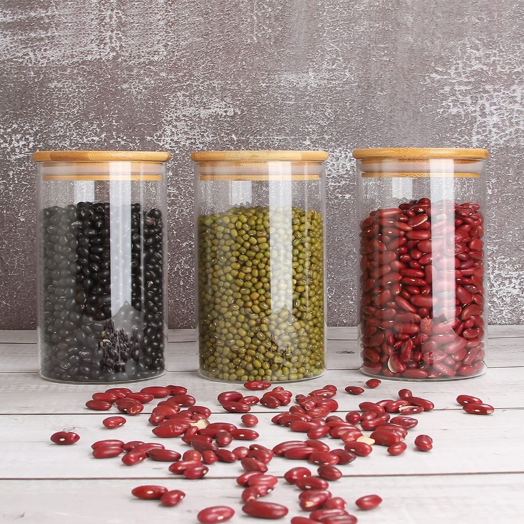 Round Glass Food Storage Jar With Airtight Bamboo Lid, Set Of 6