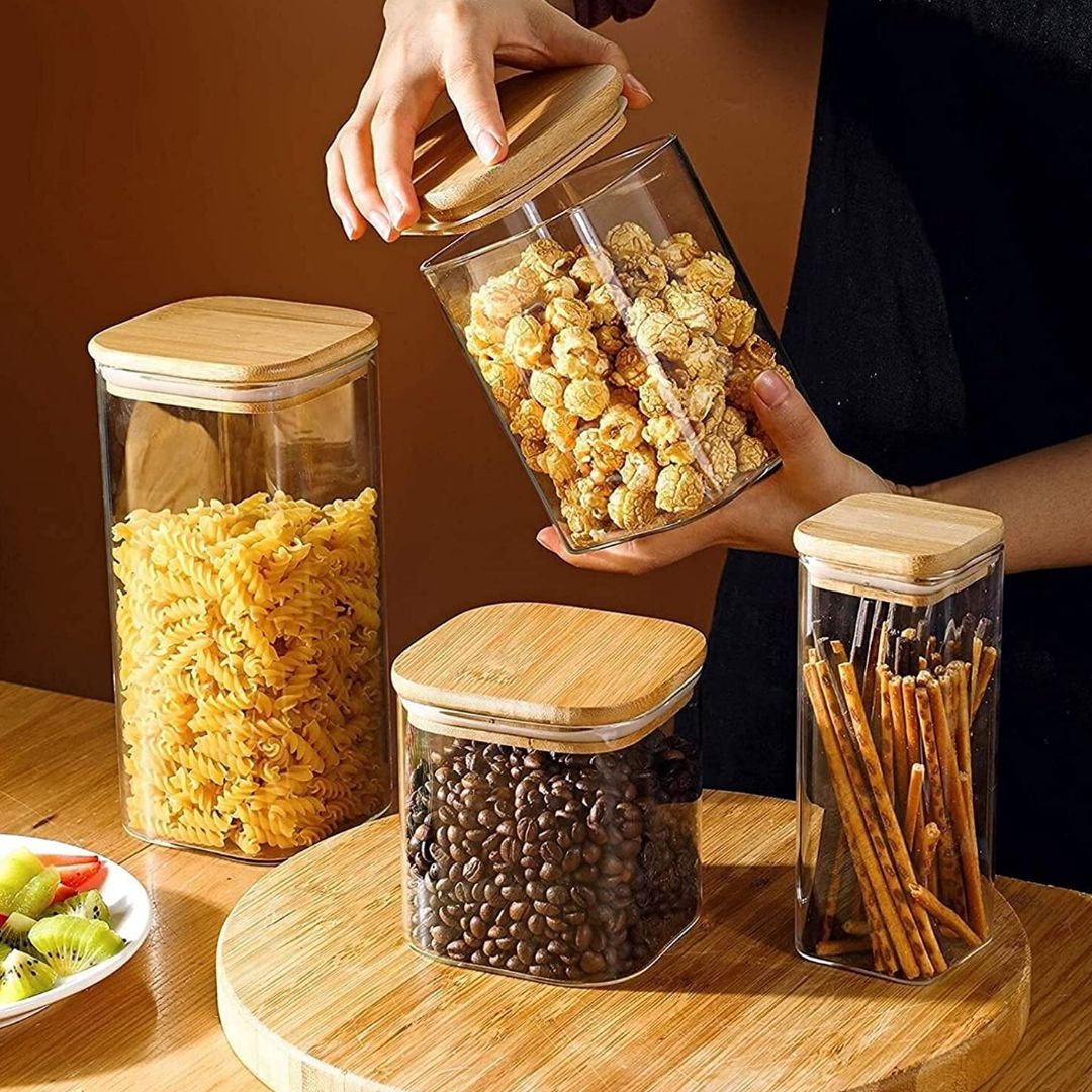 Hũ Bảo Quản Thực Phẩm Hình Vuông Có Nắp Tre Kín Khí, Bộ 6 Cái