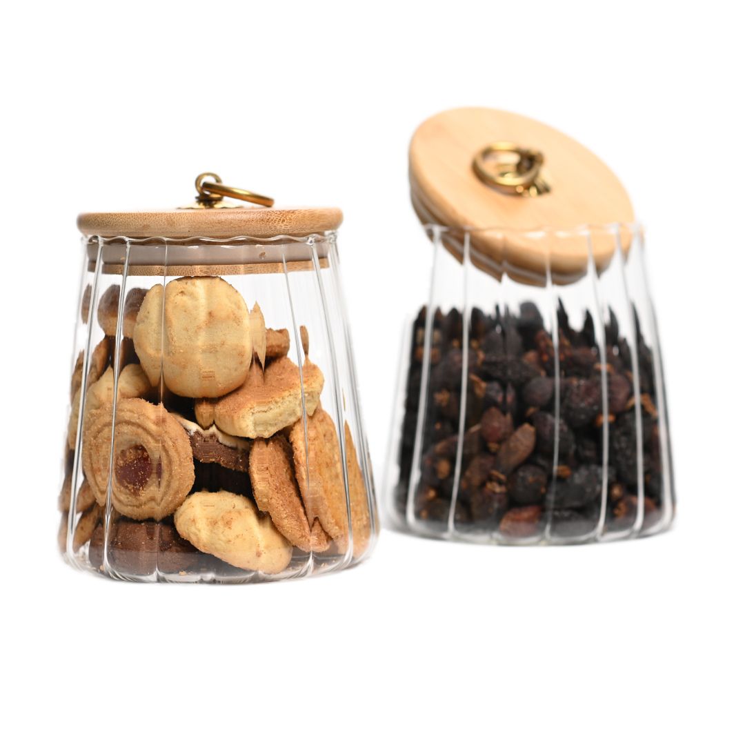 Borosilicate Glass Storage Jar With Airtight Bamboo Lid and Metal Handle , Oval,Taper, Oval & Conical Set Of 2