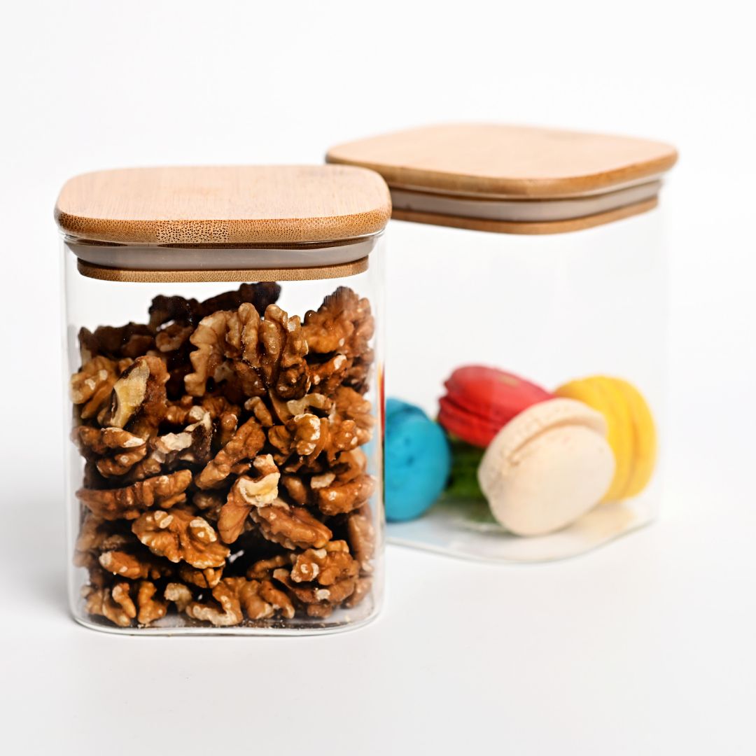 Square Glass Storage Jar with Air tight Bamboo Lid, Set Of 3
