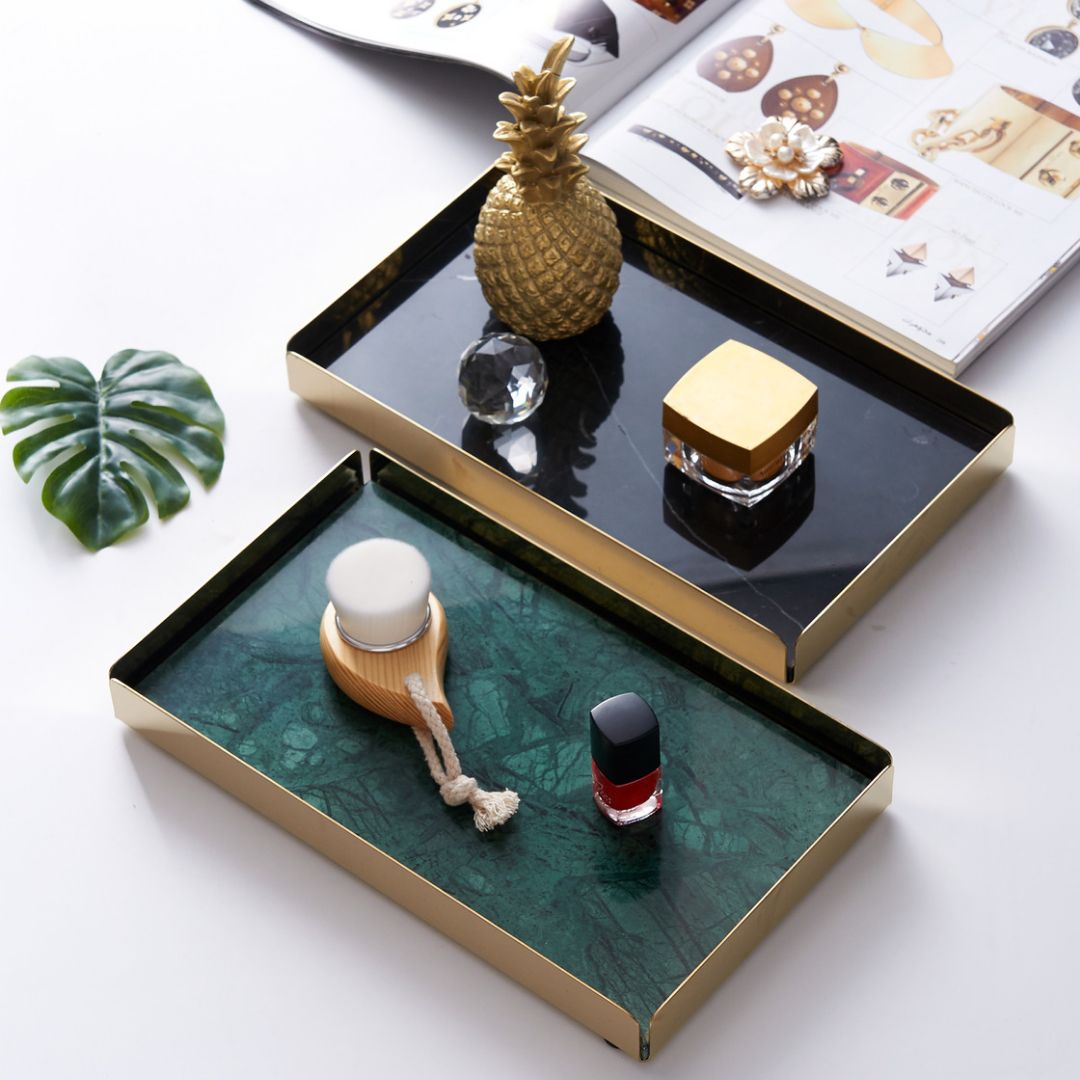Black Natural Marble vanity Trinket Tray with Gold Detachable Base