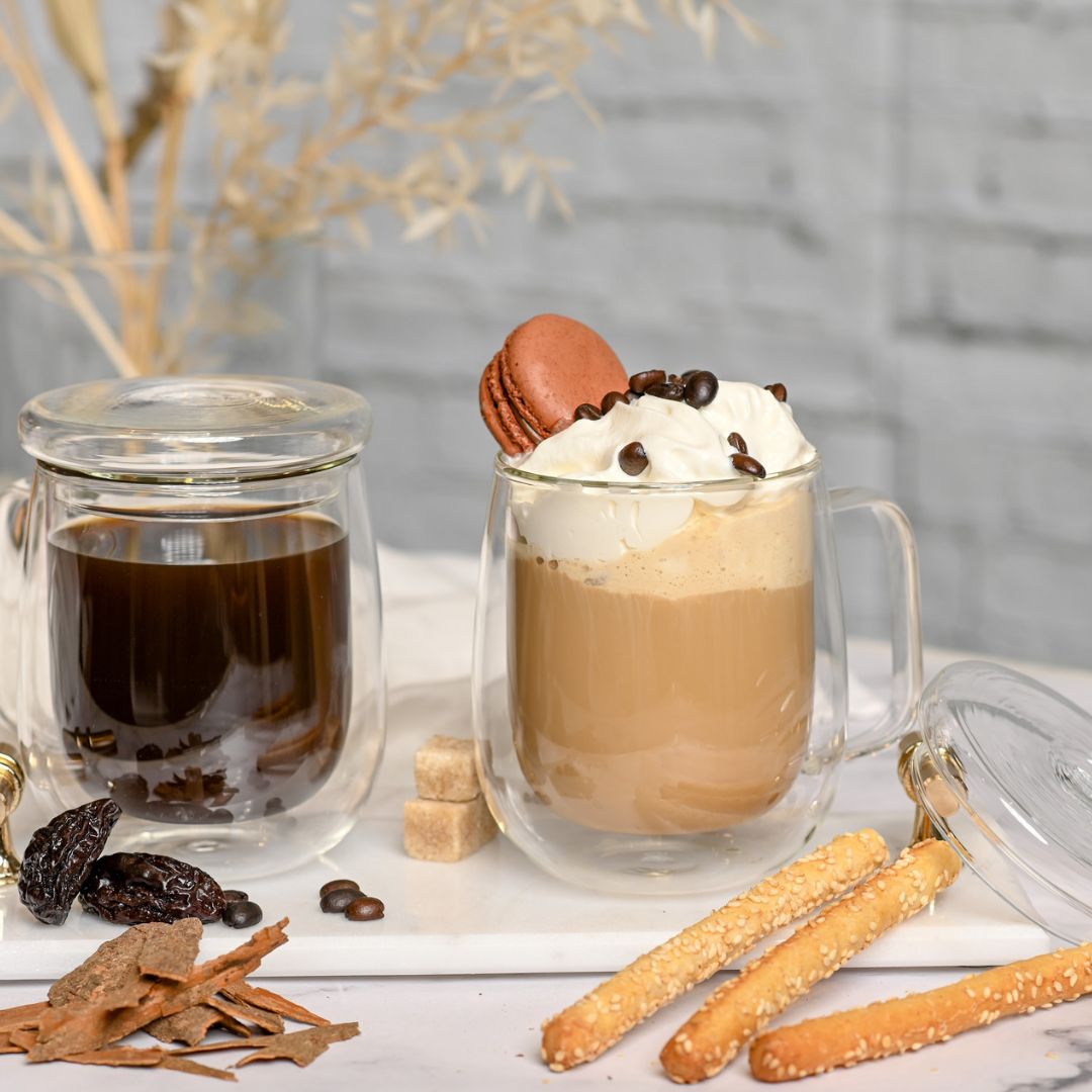 Double Wall Insulated Glass Mug With Glass Lid 350 ML (Set of 2)