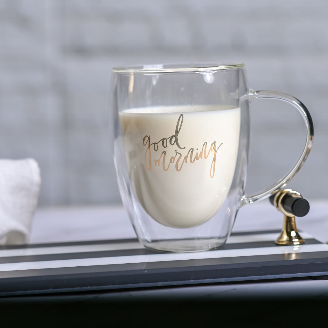 Double Wall Good Morning Printed Glass Mugs 350 ML (Set of 2)