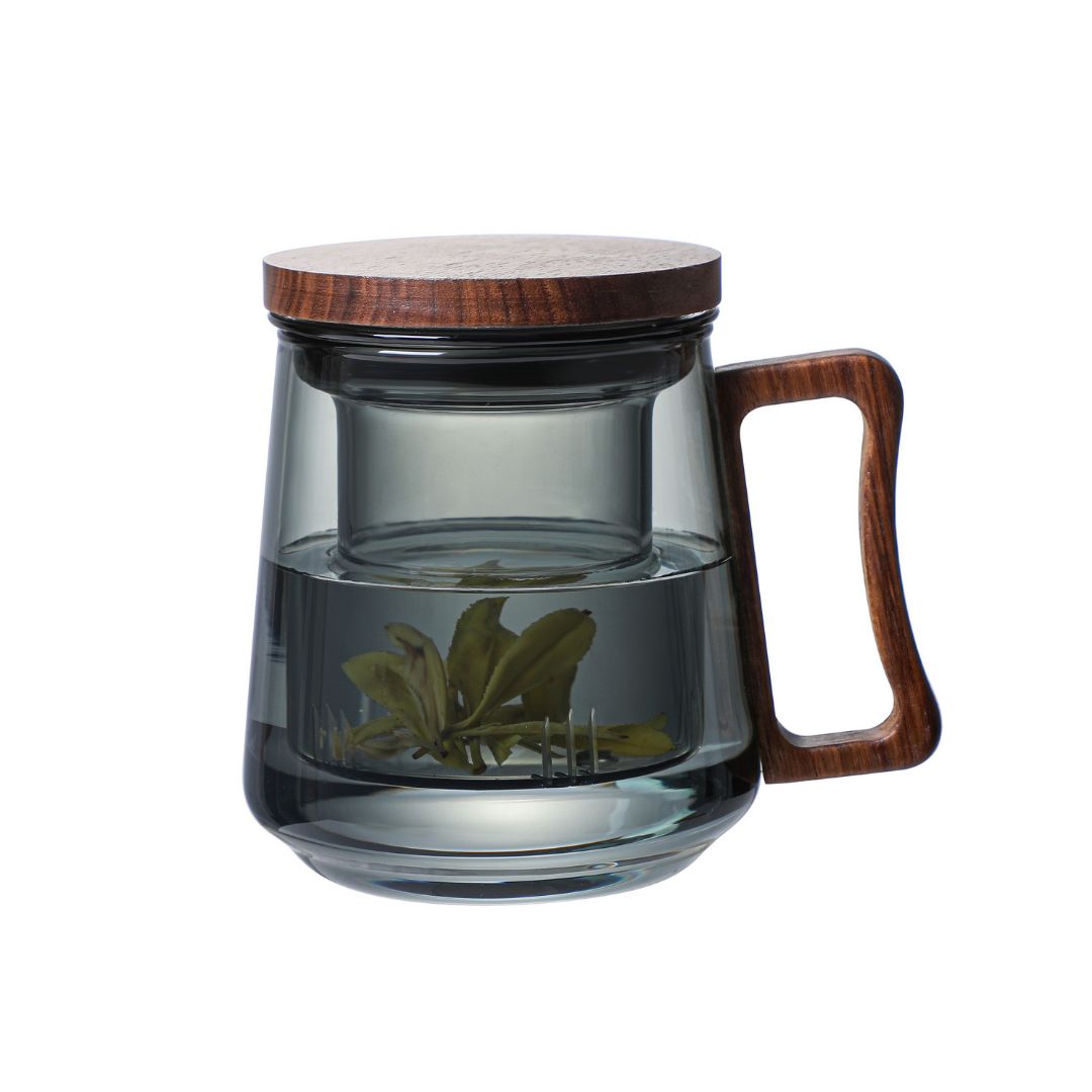Smoky Grey Borosilicate Glass Mug With Infuser, Walnut Lid and Handle 500 ML