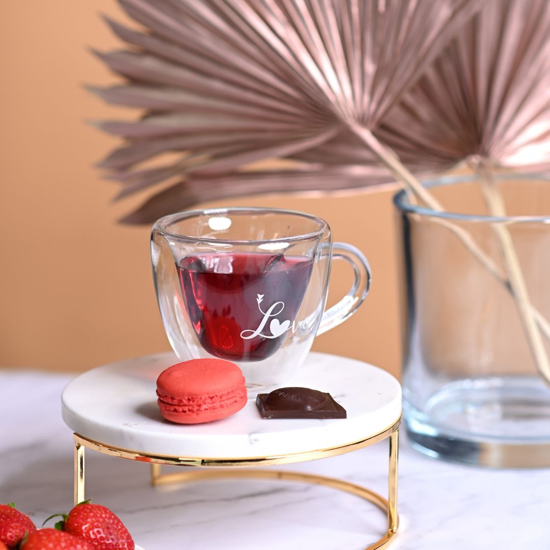 Double Wall Heart-Shaped Glass Mug Set – 180ML (2 Pcs) – ‘Love’ Printed Design with Handle – Romantic Gift for Valentine’s, Anniversary & Special Occasions