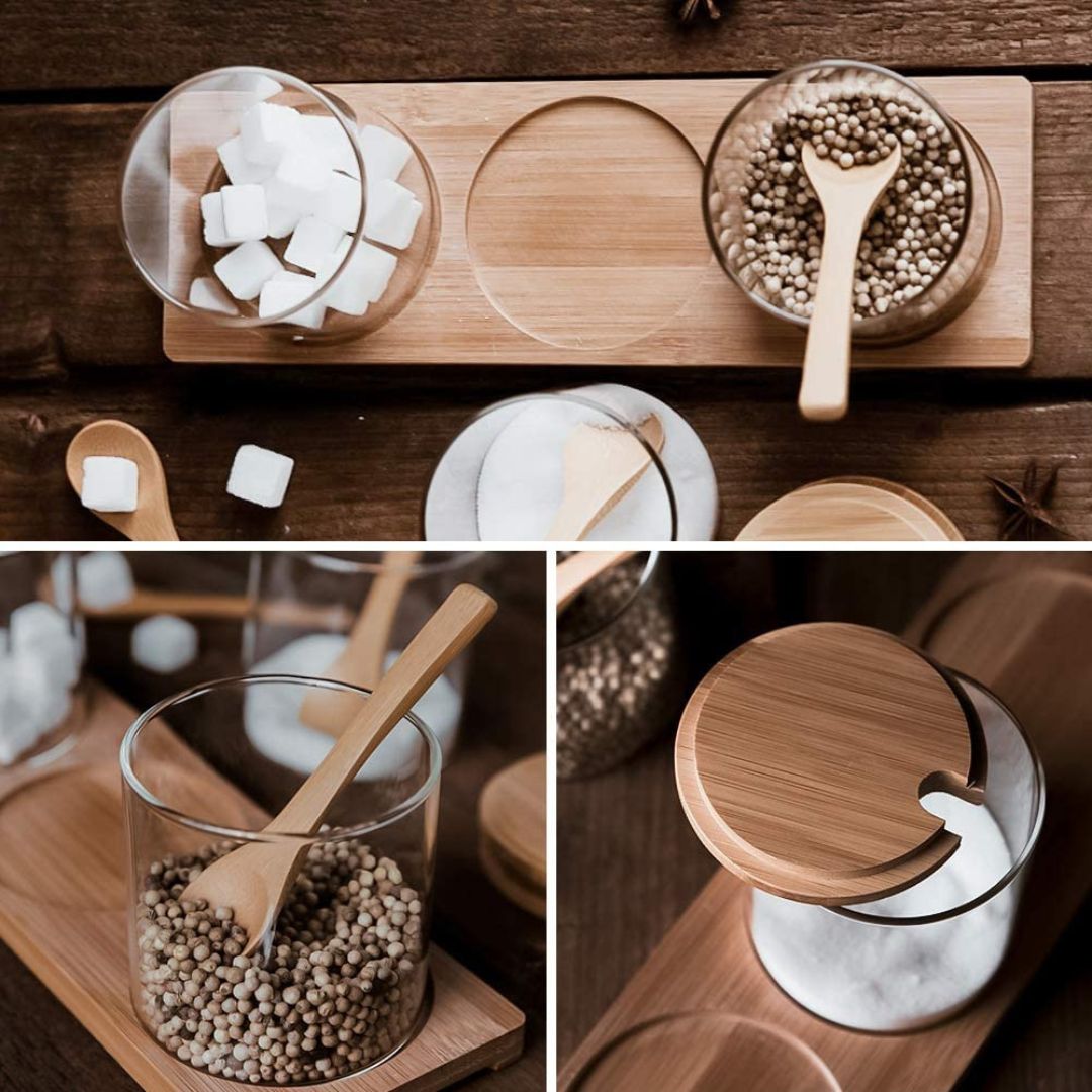 3 Pcs Spice Condiment Container Canister Pots with Wooden Base, Spoon and Lid 300 ML