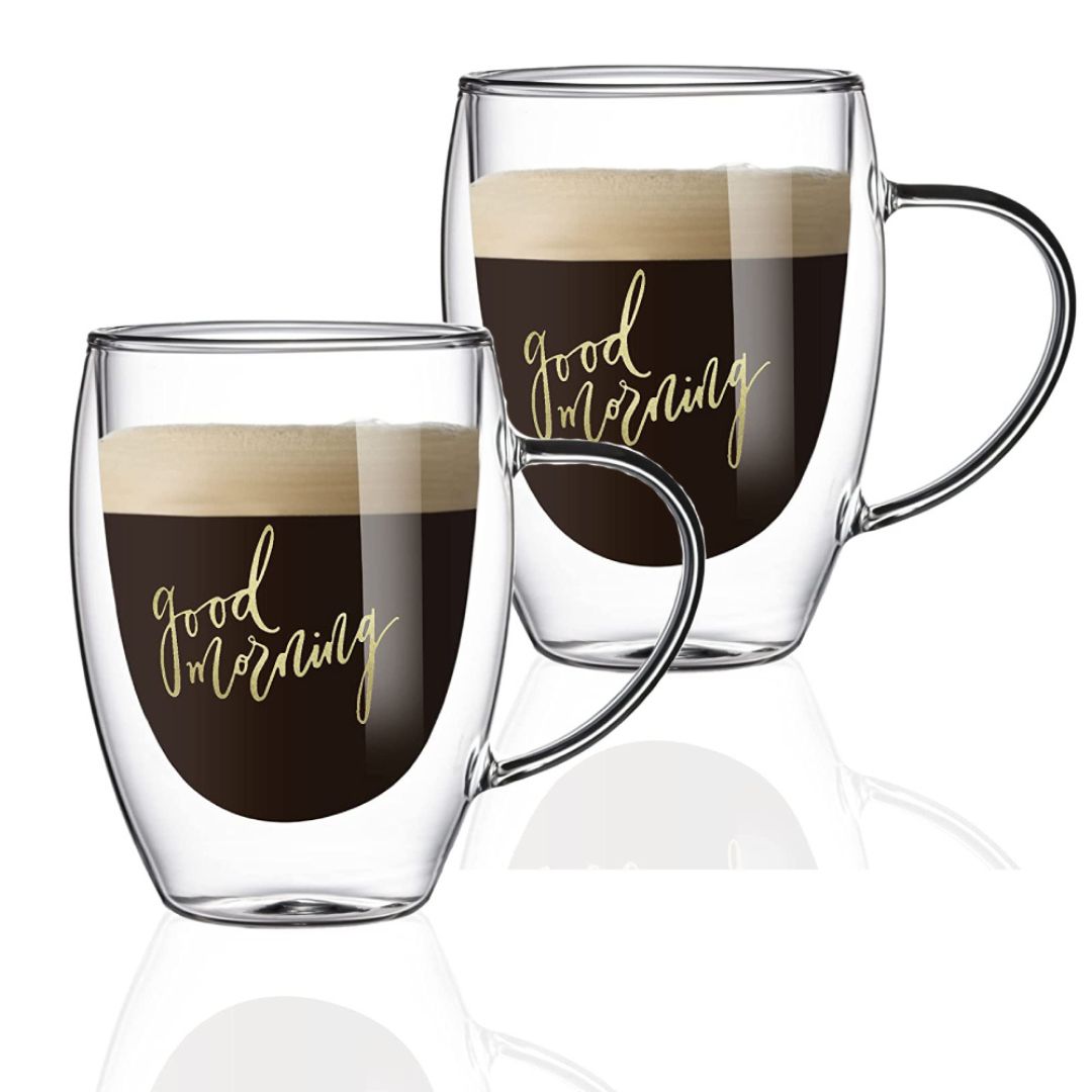 Double Wall Good Morning Printed Glass Mugs 350 ML (Set of 2)