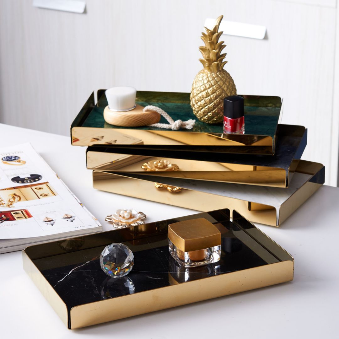 Black Natural Marble vanity Trinket Tray with Gold Detachable Base