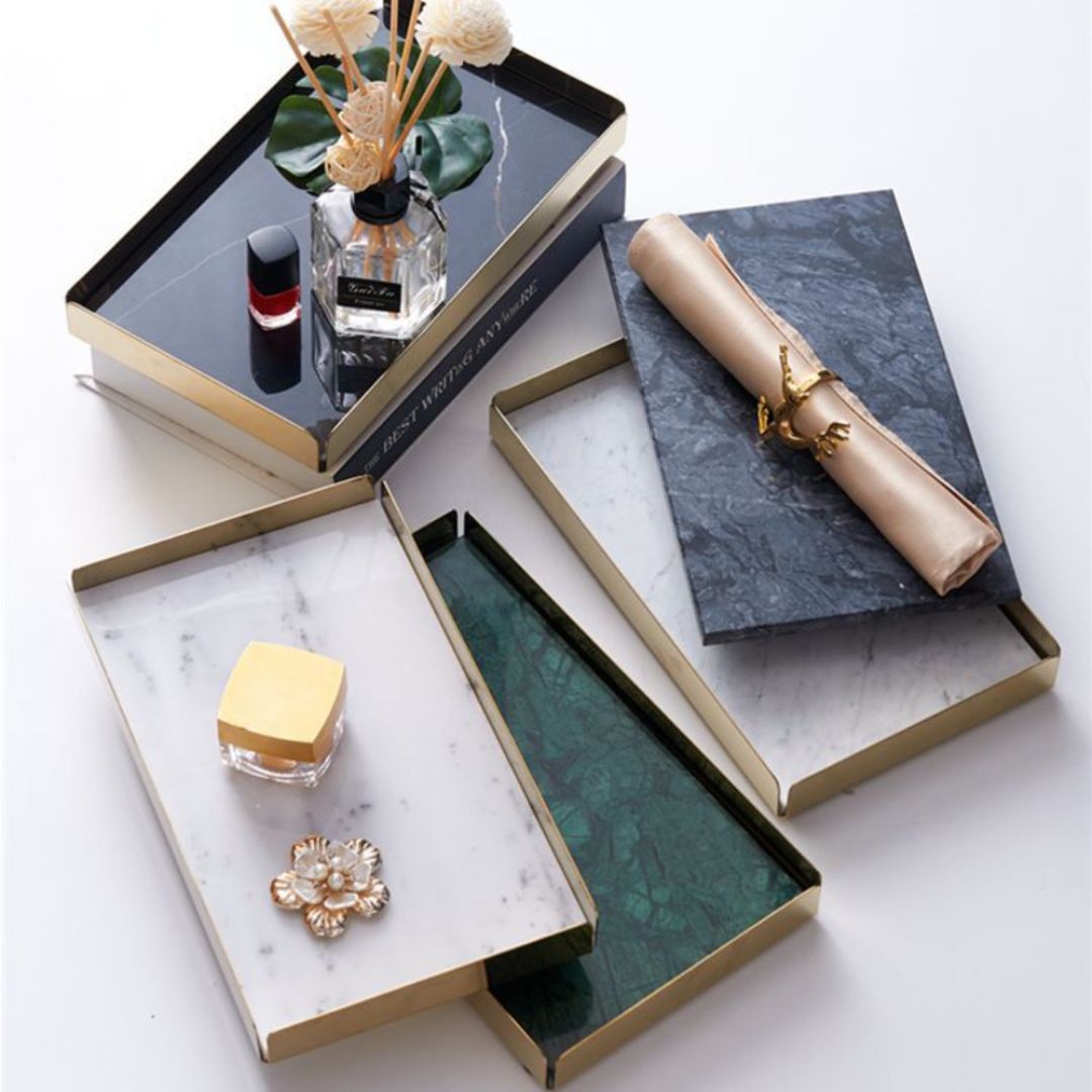 Black Natural Marble vanity Trinket Tray with Gold Detachable Base