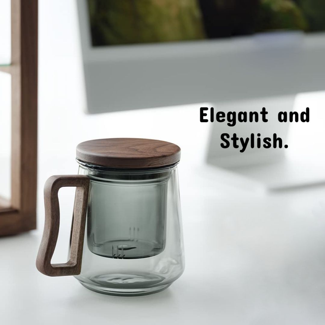 Smoky Grey Borosilicate Glass Mug With Infuser, Walnut Lid and Handle 500 ML