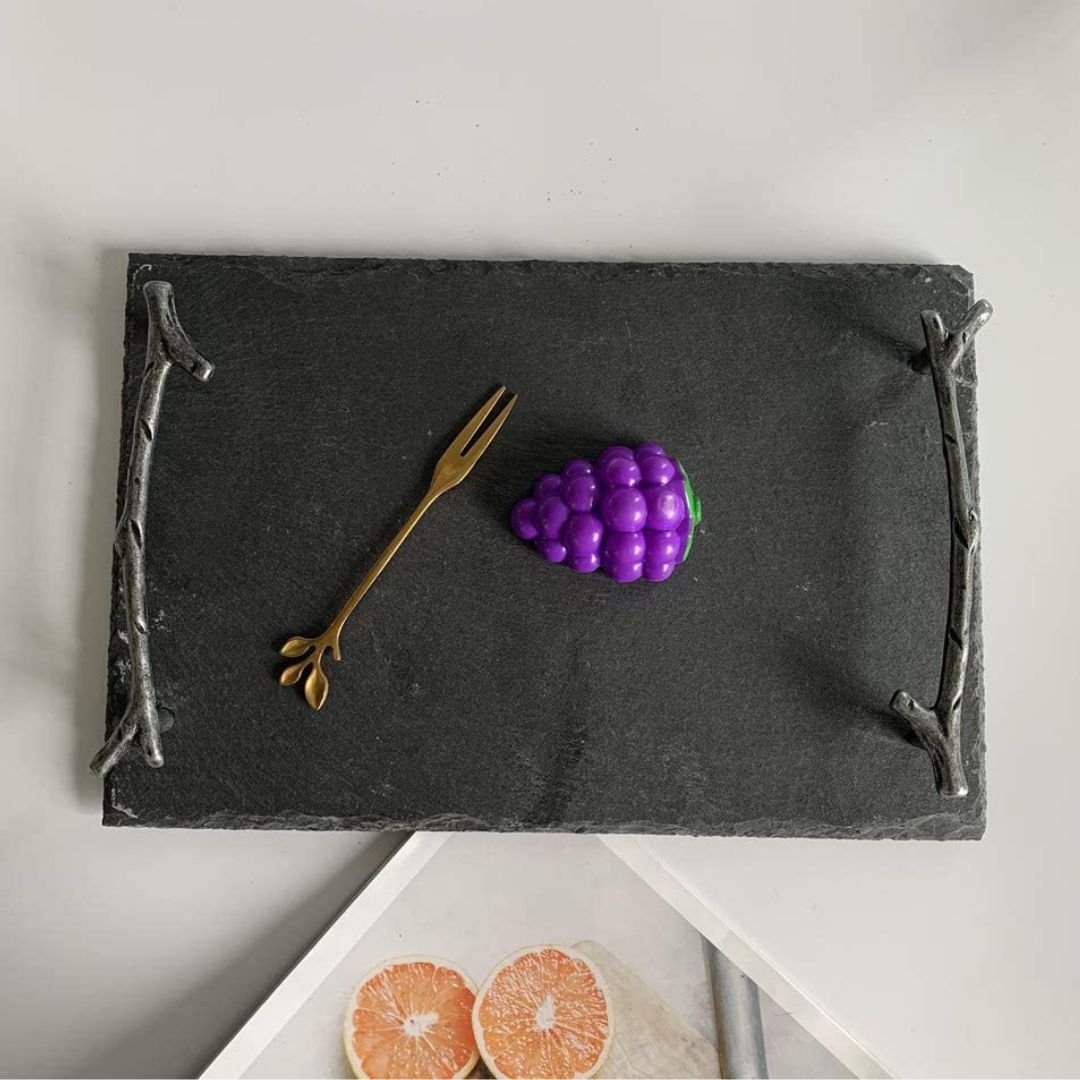 Natural Stone Slate Serving Tray With Arborization Handle (Grey), 30x20 CM