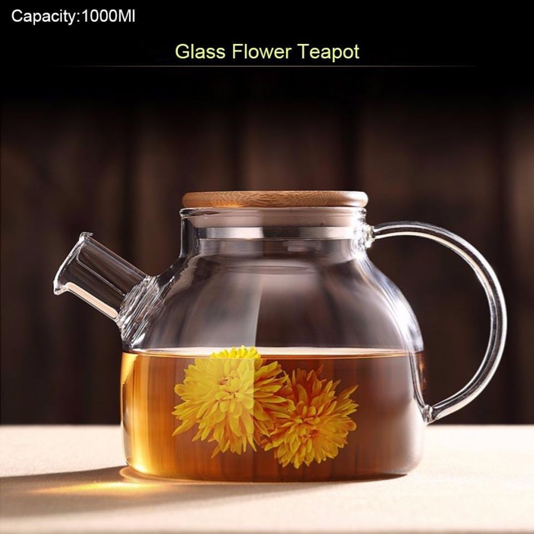 Glass Teapot 1000ML with Bamboo Lid and Removable Infuser, Perfect for Loose Leaf and Blooming Tea