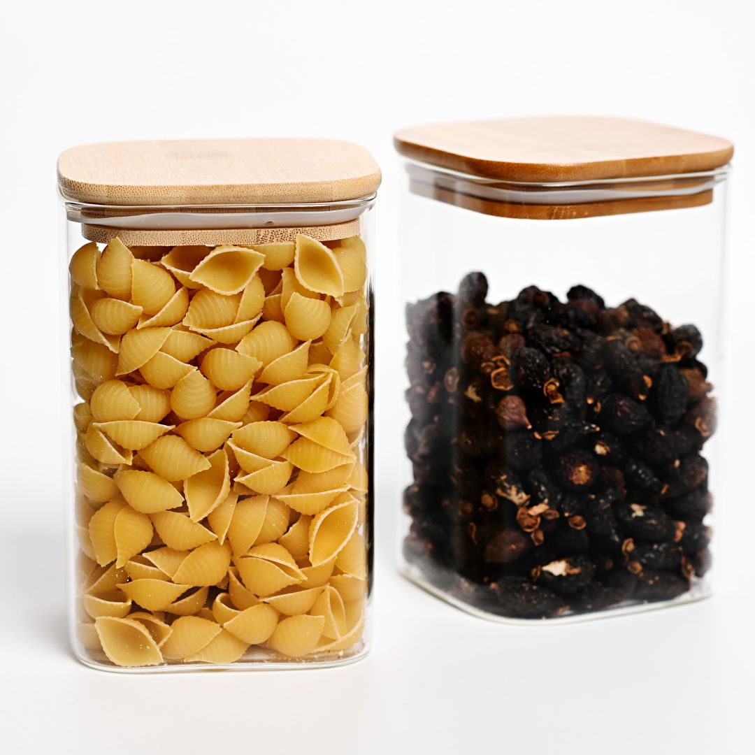 Square Glass Storage Jar with Air tight Bamboo Lid, Set Of 3