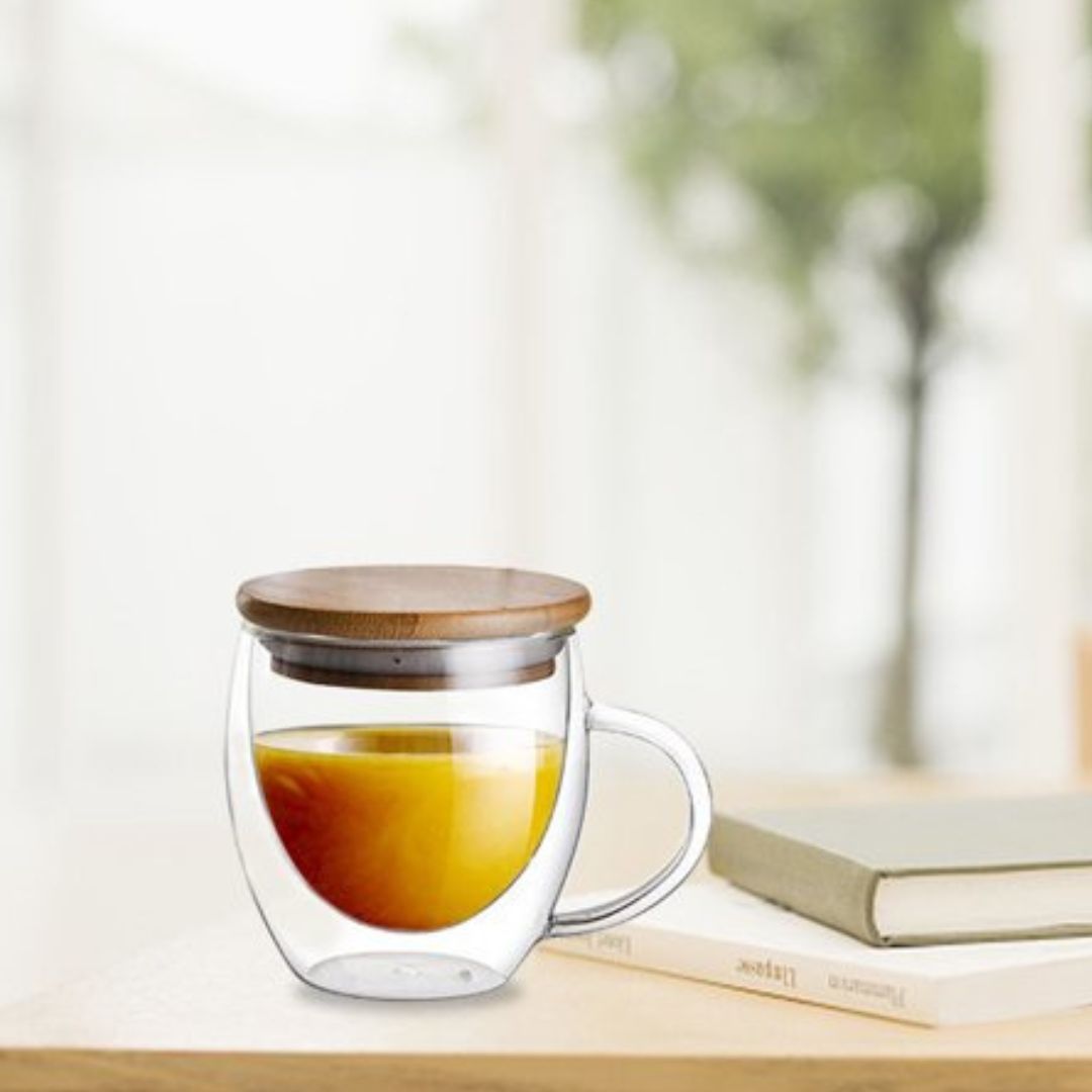 Double Wall Glass Coffee Mug with Bamboo Lid 250 ML