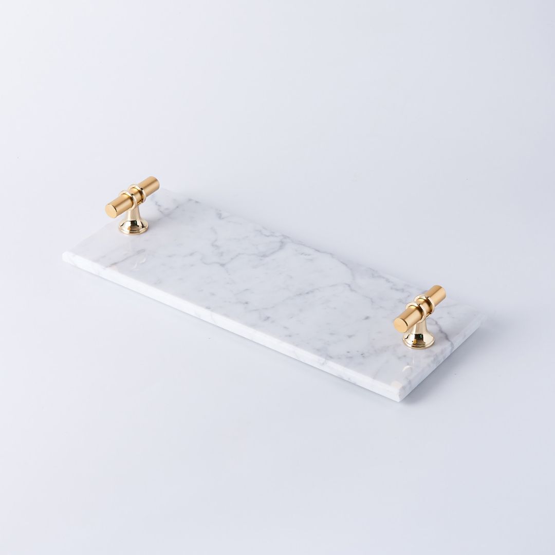 Rectangular Natural Marble Tray with Gold T Shaped Handles- White
